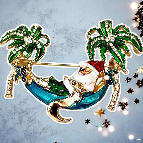 Charming Santa Claus Palm Tree Tropical Brooch - Perfect Holiday Accessory! - Picture 2 of 4